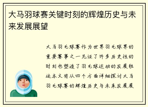 大马羽球赛关键时刻的辉煌历史与未来发展展望